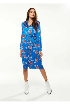 Liquorish Floral Print Shirt Dress In Bright Blue