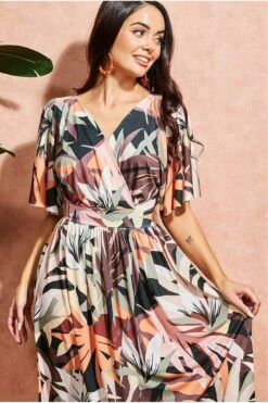 Goddiva Leaf Print Midi With Flutter Sleeves - Brown Print -Liquosmi Store xhT3NRwV 11468