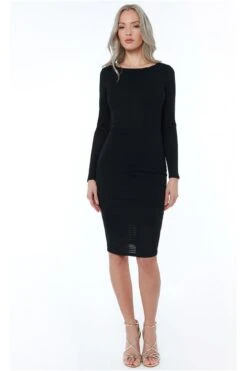 Goddiva Long Sleeve Bodycon Midi Dress - Black