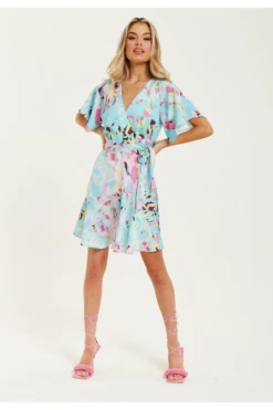 Liquorish Blue Abstract Print Mini Wrap Dress