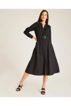 Dusty Pink Buttoned Front Belted Shirt Dress | Black