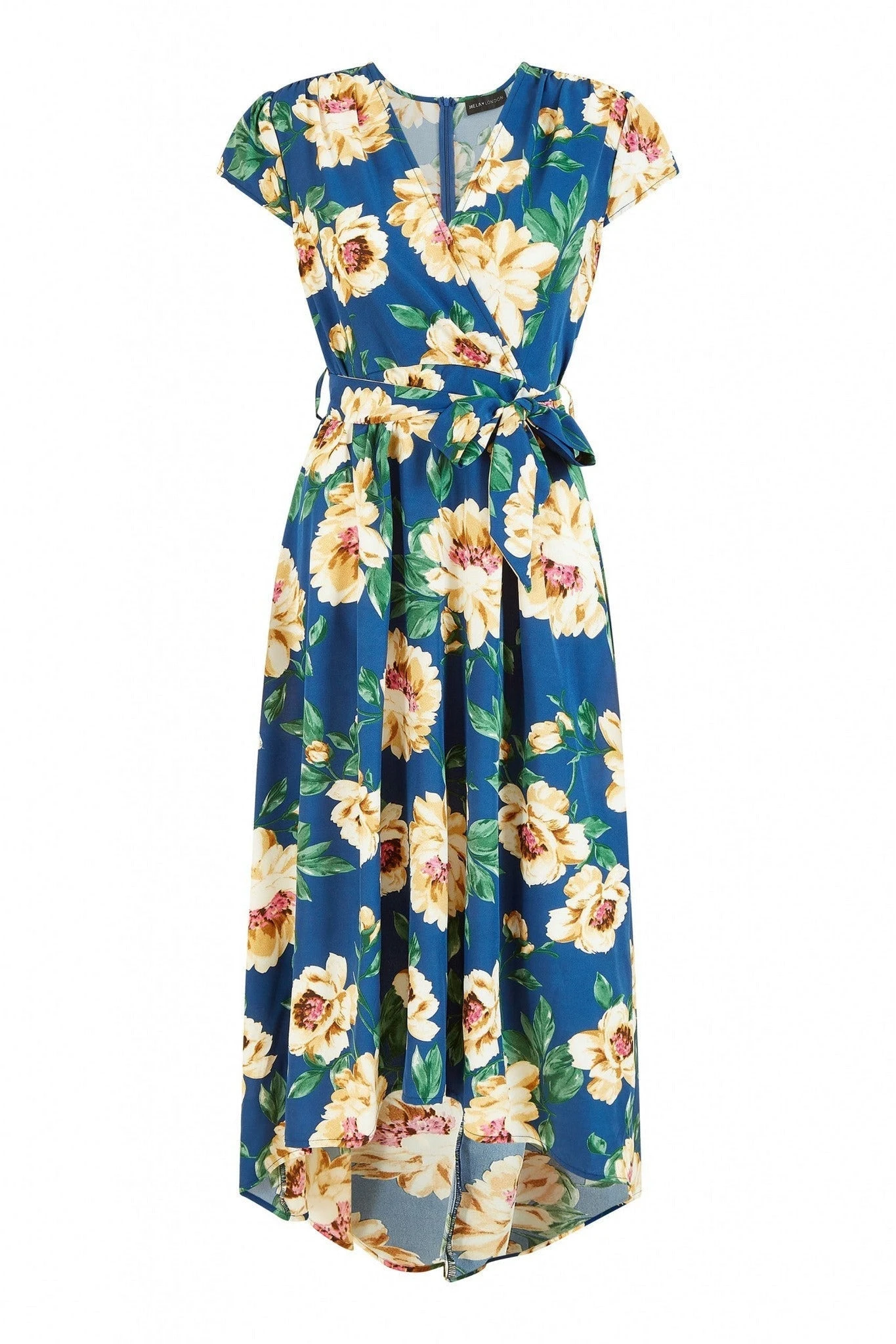 Mela London Blue Painted Floral Print Dipped Hem Wrap Dress 2 Mela London Blue Painted Floral Print Dipped Hem Wrap Dress - Image 2