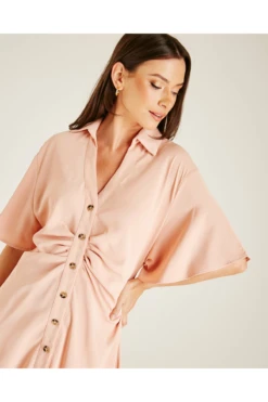 Dusty Pink Ruched Front Button Up Dress | Dusty Pink -Liquosmi Store yuhicm7U 12201