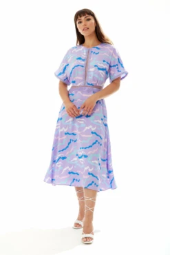 Liquorish Midi Abstract Zebra Print Dress With Mesh Lilac