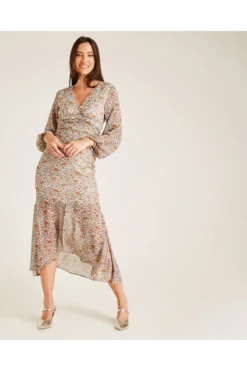 Dusty Pink Cut Out Back Floral Midi Dress | White