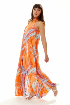 Liquorish Maxi Abstract Print Dress With A High Neck Orange -Liquosmi Store zx1mcumE 10784